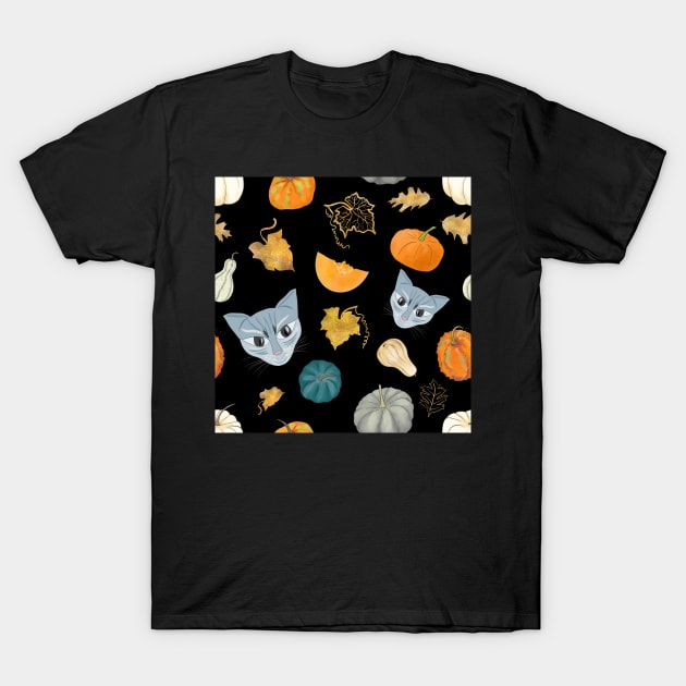 Devious Cats with Halloween Harvest Pumpkins Party Style Pattern T-Shirt by andreeadumez